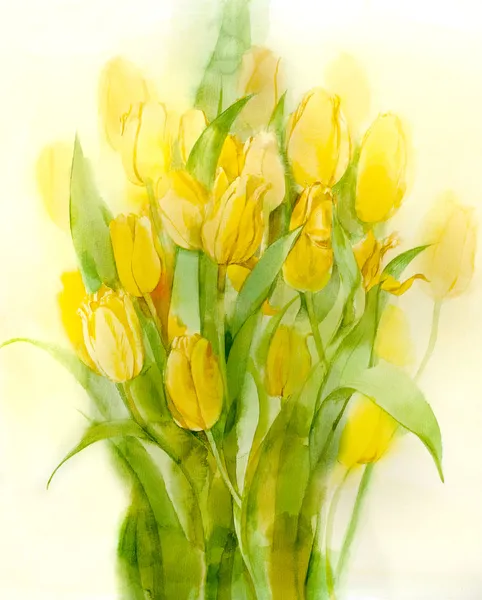Tulipanes amarillos. Bodegón. Acuarela sobre papel — Foto de Stock