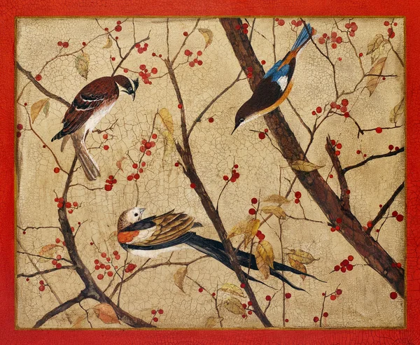 Peinture. Oiseaux colorés sur les branches aux baies rouges — Photo