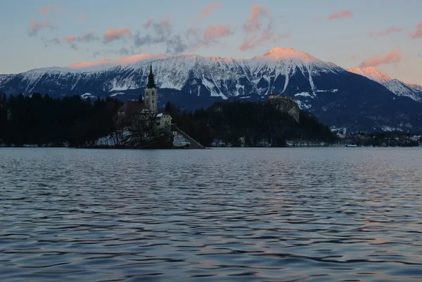 Bled Och Stol Vintern Sett Från Stranden Vid Sjön Bled — Stockfoto