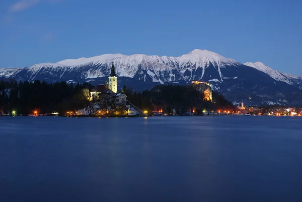 Island Bled Stol Winter Seen Shore Lake Bled — Stock Photo, Image