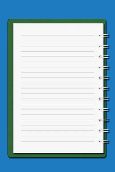 Cuaderno de portada verde sobre fondo azul — Foto de Stock