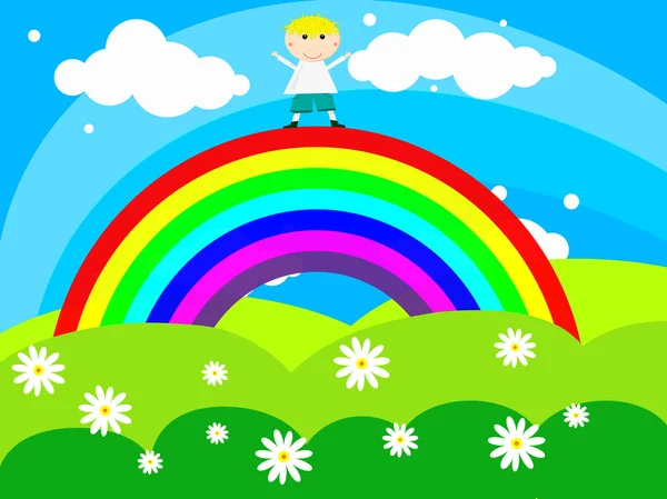 Cheerful boy stands on a rainbow — Stock Vector