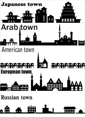 Detailed vector skylines of different towns clipart