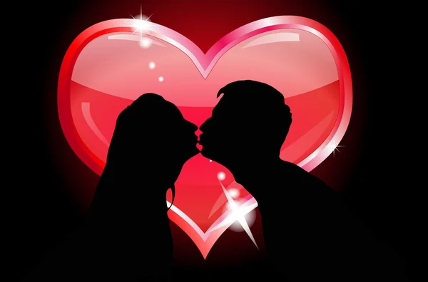 Silhouette Amanti Baciare Sullo Sfondo Del Cuore — Vettoriale Stock