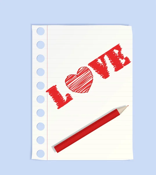 Dikke Rode Potlood Een Stuk Papier Het Woord Liefde Hart — Stockvector