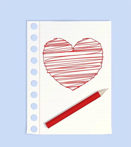 Vastag Piros Ceruzával Egy Papírlap Fekszik Következő Kép Szív — Stock Vector