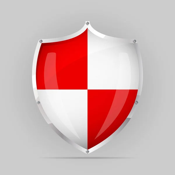 Glossy Red White Shield Emblem Grey Background — Stock Vector