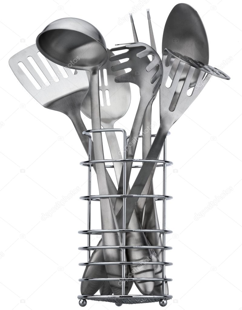 Set of stainless utensils on white background