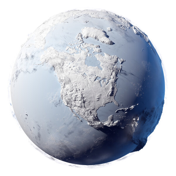 Winter planet Earth - covered in snow and ice planet with a real detailed terrain, soft shadows and volumetric clouds on a white background