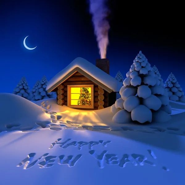 Pequena casa na floresta na noite de Ano Novo — Fotografia de Stock