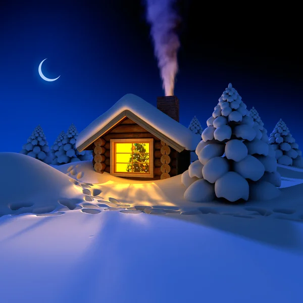 Pequena casa na floresta na noite de Ano Novo — Fotografia de Stock