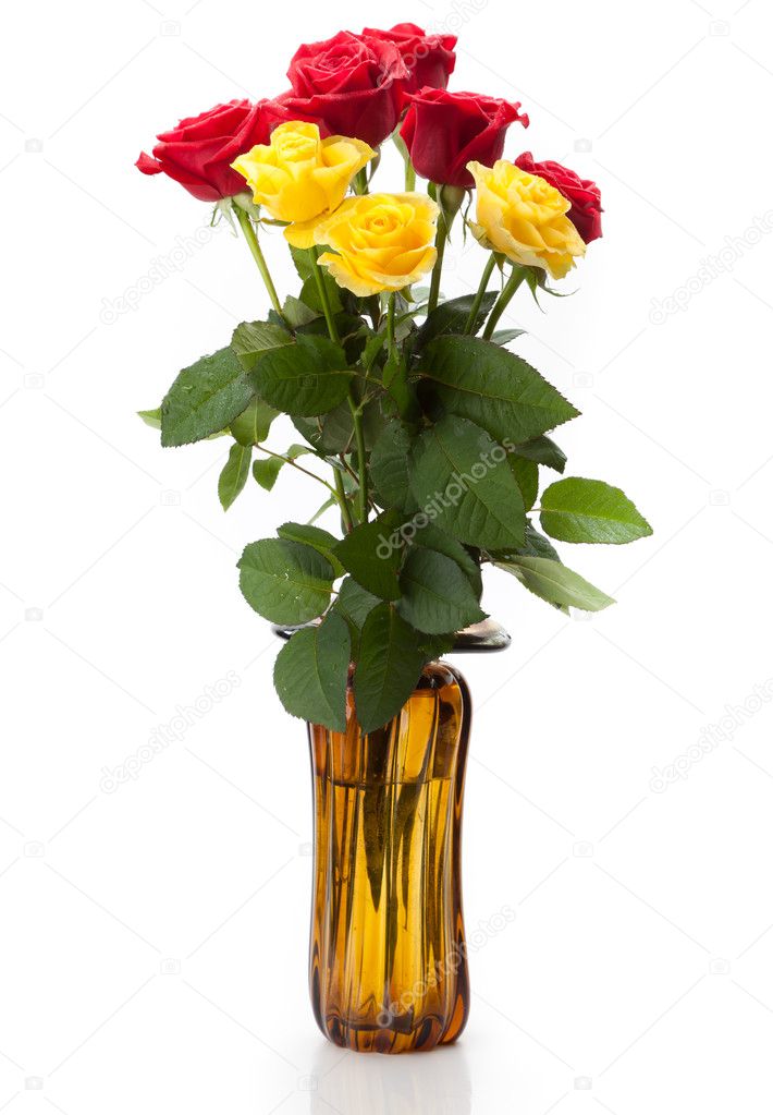 A bouquet of long red and yellow roses