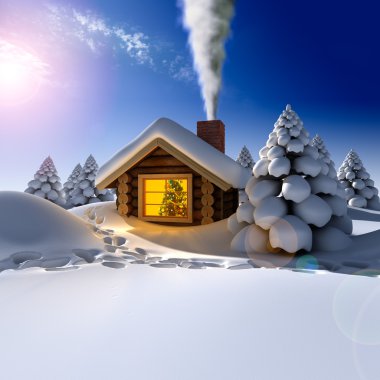 A small wooden house in a fantastic snow forest on the eve of Ne clipart