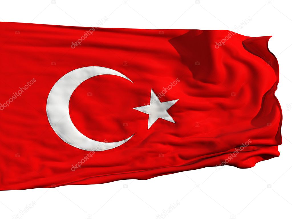 Turkish flag, fluttering in the wind. Sewn from pieces of cloth, a very realistic detailed flags waving in the wind, with the texture of the material, isolated