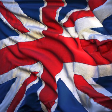 Flag of the United Kingdom, fluttering in the breeze, backlit rising sun. Sewn from pieces of cloth, a very realistic detailed state flag with the texture of fa clipart