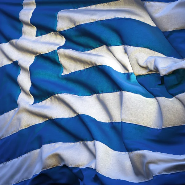 stock image Flag of Greece, fluttering in the breeze, backlit rising sun. Sewn from pieces of cloth, a very realistic detailed state flag with the texture of fabric flutter