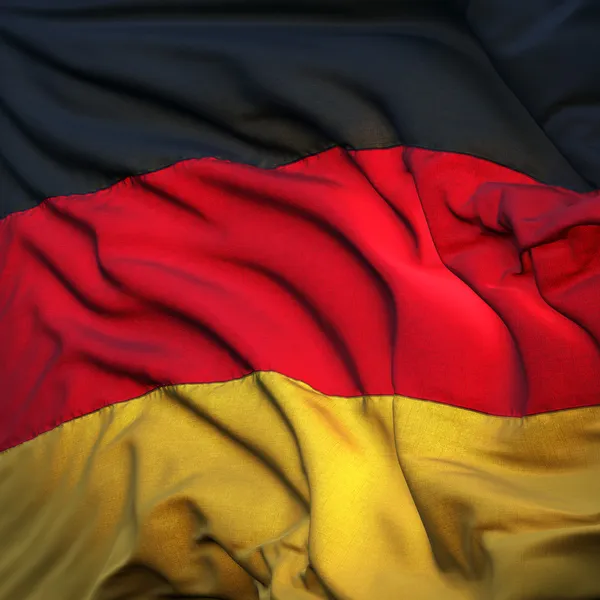 Vlajka Německa, vlající ve větru, podsvícený vycházející slunce — Stock fotografie