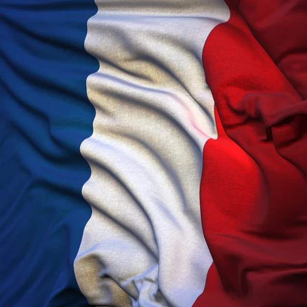 Vlajka Francie, vlající ve větru, podsvícený vycházející slunce — Stock fotografie