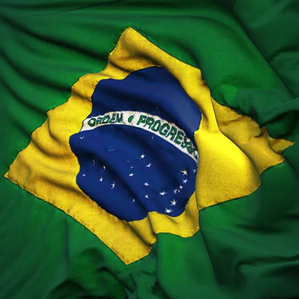 Vlajka Brazílie, vlající ve větru, podsvícený vycházející slunce — Stock fotografie