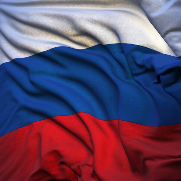 Российский флаг, развевающийся на ветру, подсвеченный восходящим солнцем. Сшитый из кусков ткани, очень реалистичный детальный государственный флаг с фактурой флейты.
