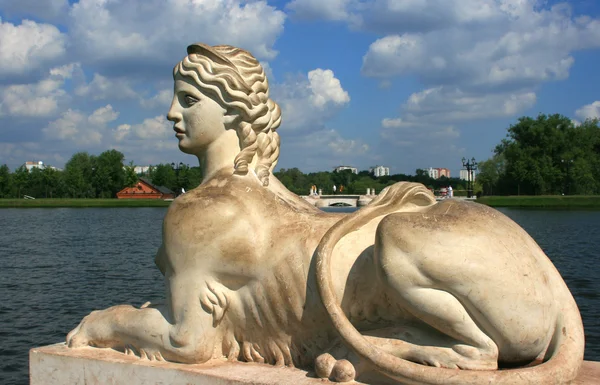 stock image Moscow, Manor Tsaritsino a sphinx at a pond