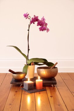 Orchids, candles and singing bowl clipart