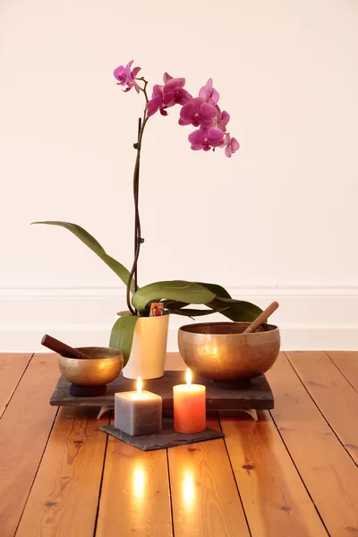 Orkidéer, ljus och sjungande skål — Stockfoto
