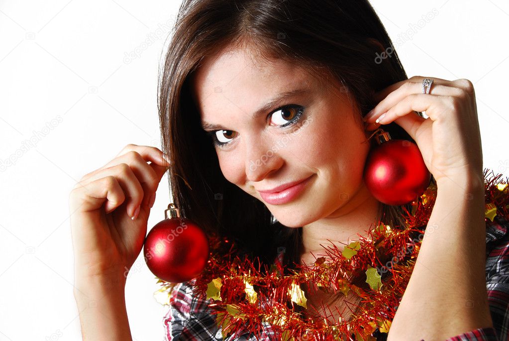 Girl wearing Christmas decorations