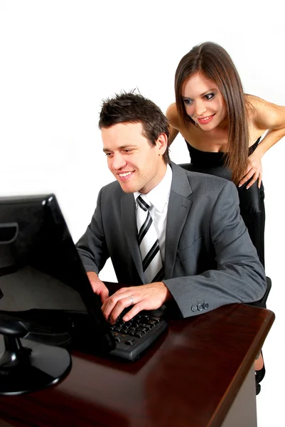 Hombre Negocios Trabajando Una Computadora Con Una Mujer Cuidando Hombro —  Fotos de Stock