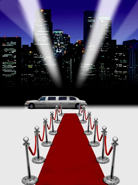 豪华轿车和红地毯的聚光灯下 — 图库照片
