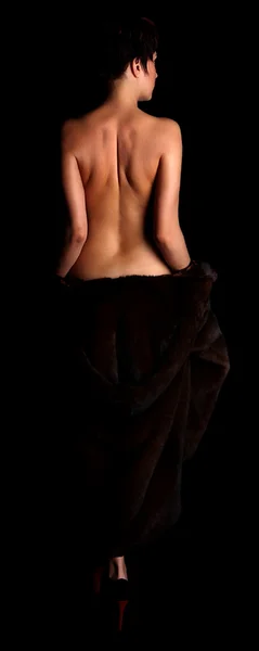 Nude in fur coat — Stock Photo, Image