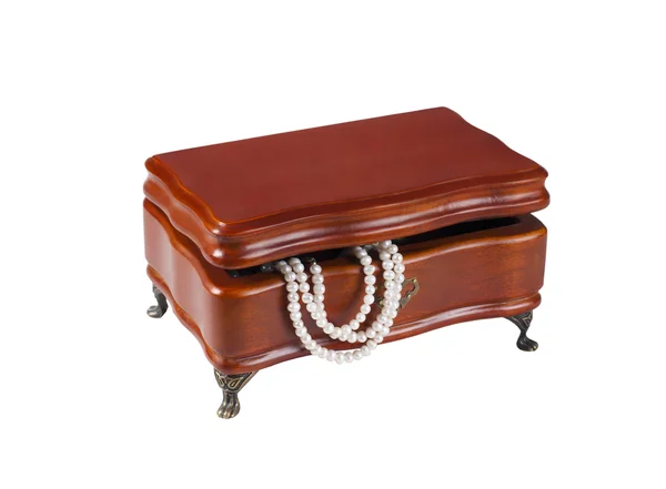 Isolated Wooden Box Chain Pearls — Stock Photo, Image