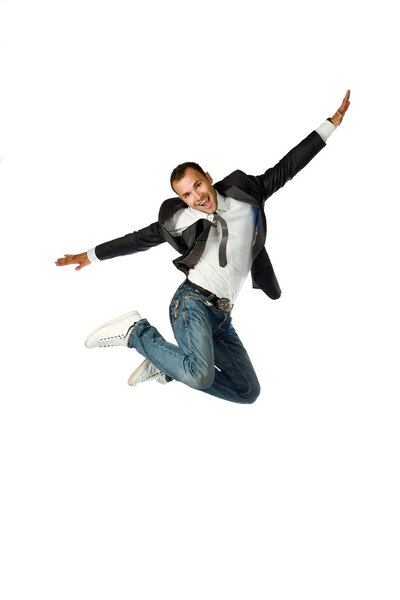 The businessman jumping on a white background