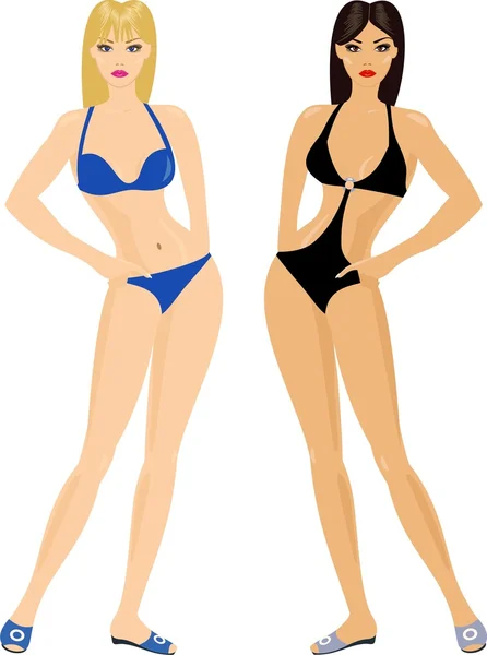 Blond och brunett i bikini — Stock vektor