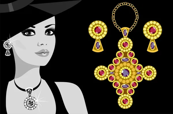 魅力的な女性 宝石と帽子 — ストックベクタ