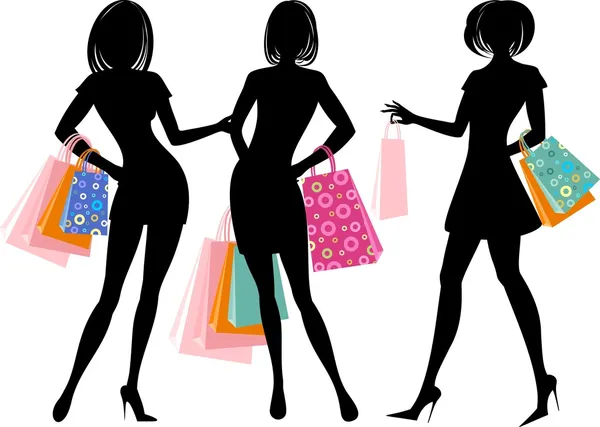 モデルの比率を持つ女性のショッピングのシルエット — ストックベクタ