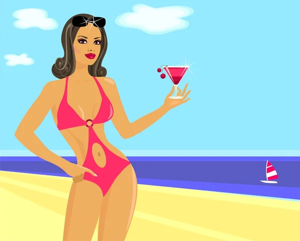 Chica con un cóctel en la playa. — Vector de stock