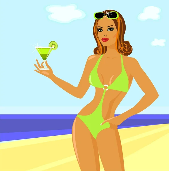 Girl with a cocktail on the beach. — Stock Vector