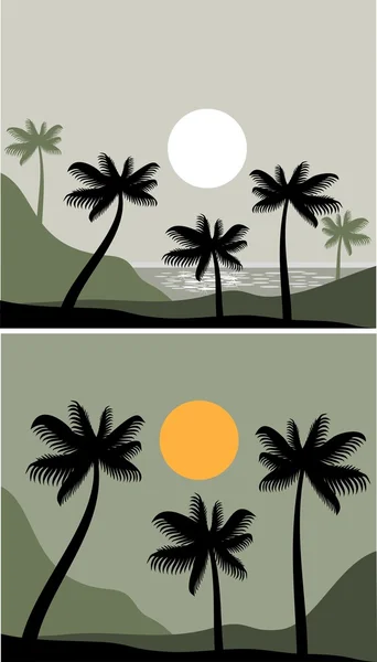 Landschaft Mit Sonnenuntergang Einem Palmenstrand — Stockvektor