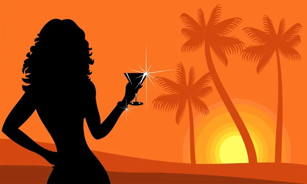 Silhouet van Dame op het strand — Stockvector