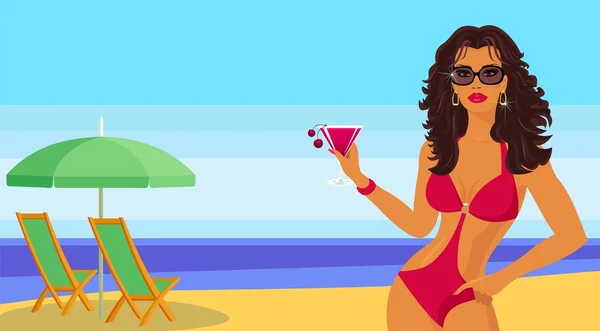 Meisje met een cocktail op het strand. — Stockvector