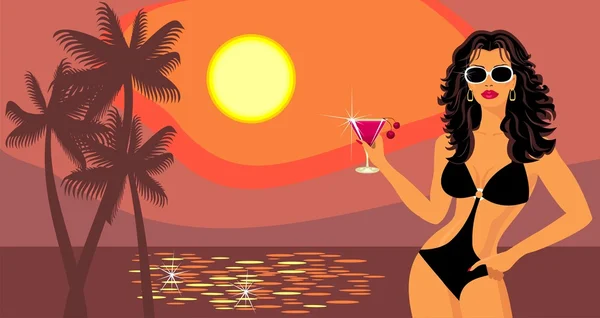 Girl with a cocktail on the beach. — Stock Vector