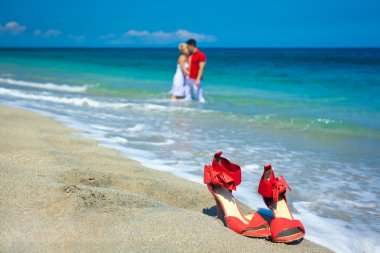 Young attractive couple at the beach kissing clipart