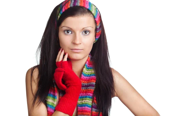 Beautiful girl with red mitten and neckerchief — Stock Photo, Image