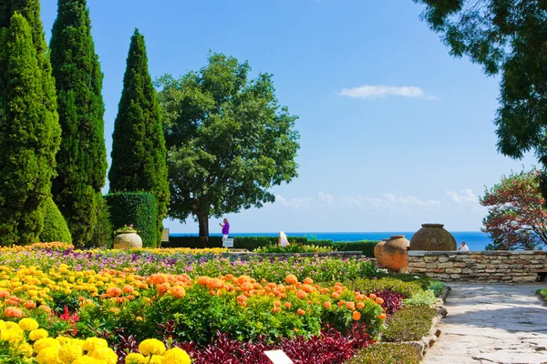 Botanic garden with flowers and sea — Stock Photo, Image