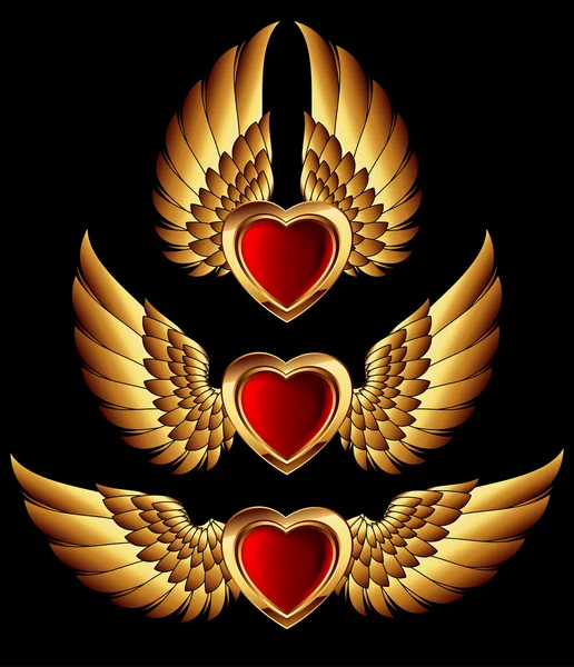 Forma de corazón con alas doradas — Vector de stock