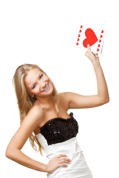 金髪の女性がポストカードの上の上昇 — ストック写真