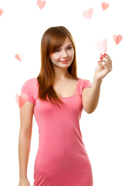 Woman touching heart shape — Stock Photo, Image