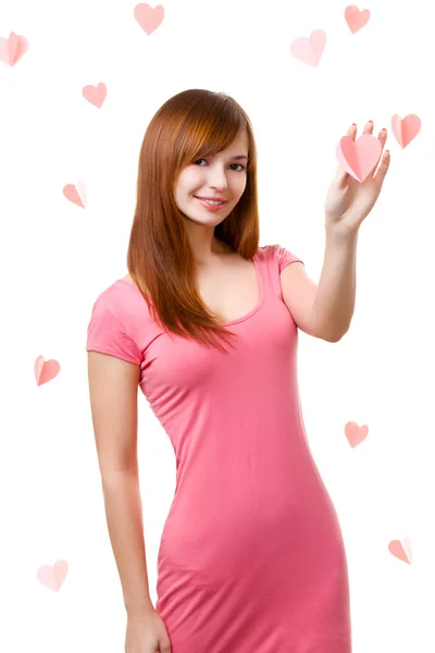 Mulher Bonita Cabelos Castanhos Tocando Forma Coração Sobre Branco — Fotografia de Stock