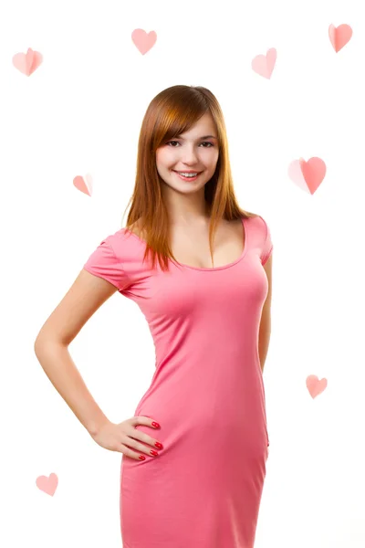 Frau im rosa Kleid über weißem — Stockfoto